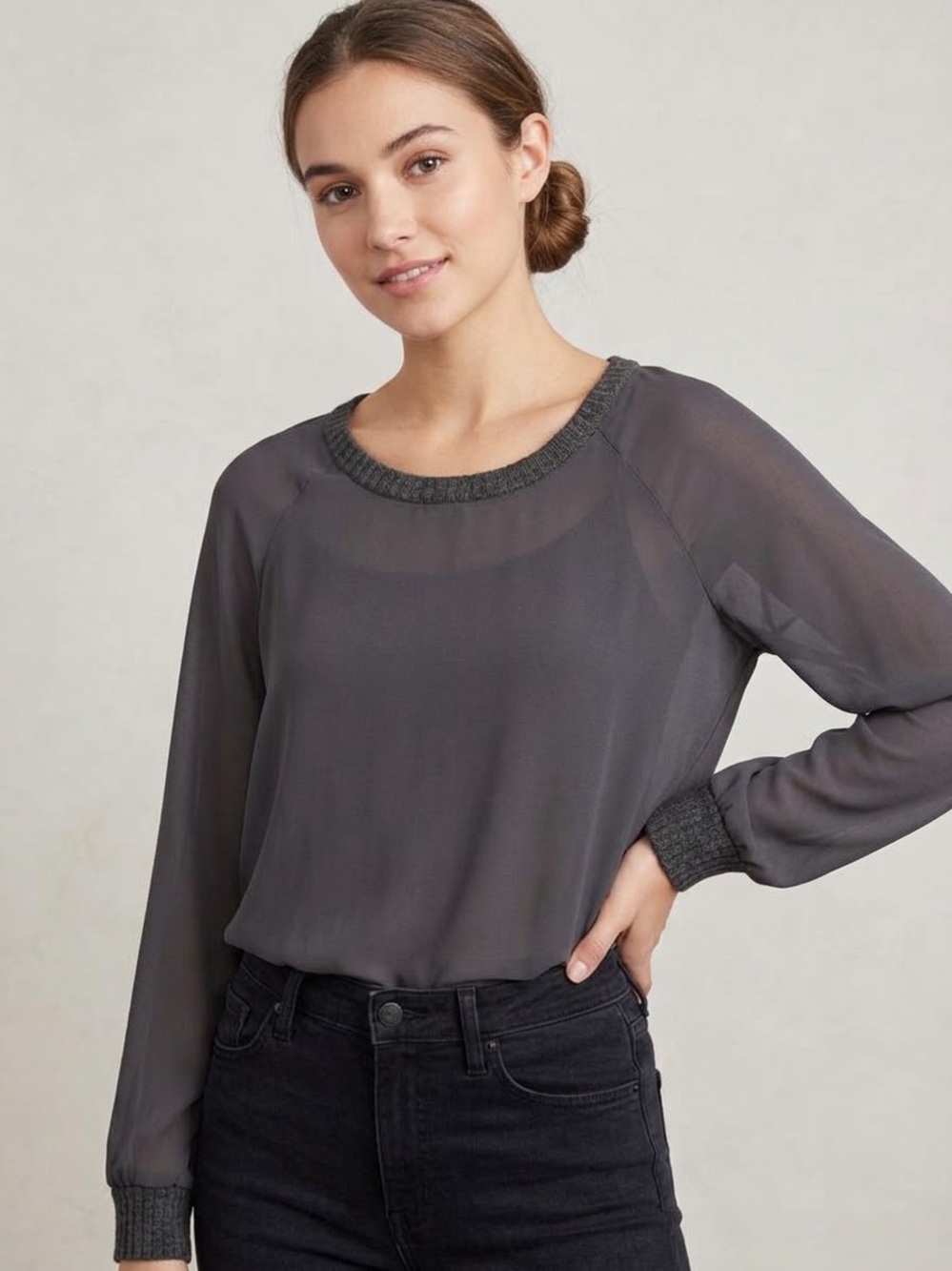 Pleione Charcoal Sheer Long Sleeve Blouse with Knit Trim Size Small